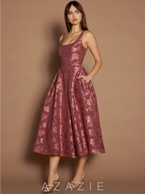 NWT AZAZIE ATEILER Women’s Rose Mauve A-Line Floral Jacquard Midi Dress Size 12